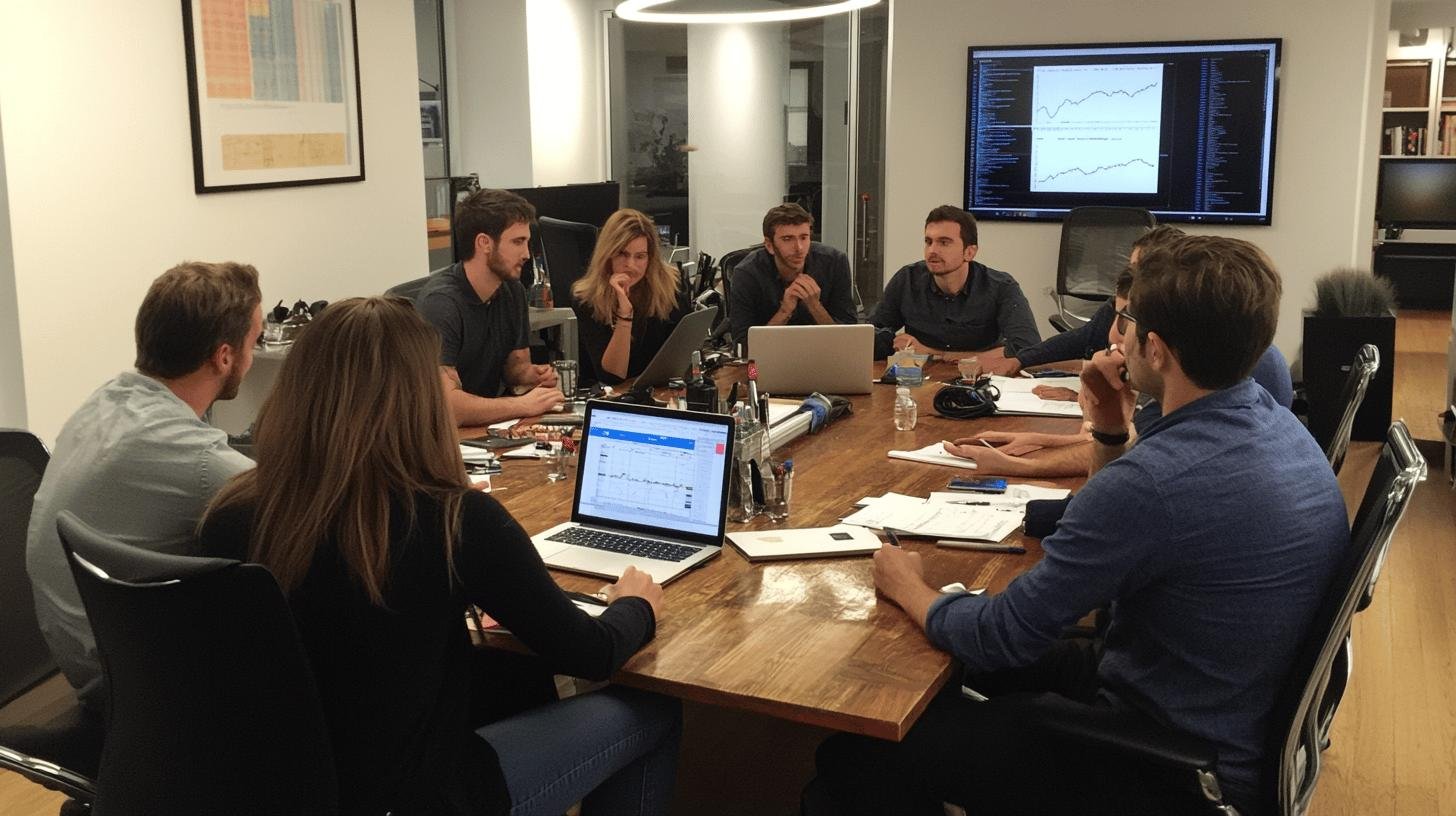 Team discussing business growth rate strategies in a meeting room with charts displayed.