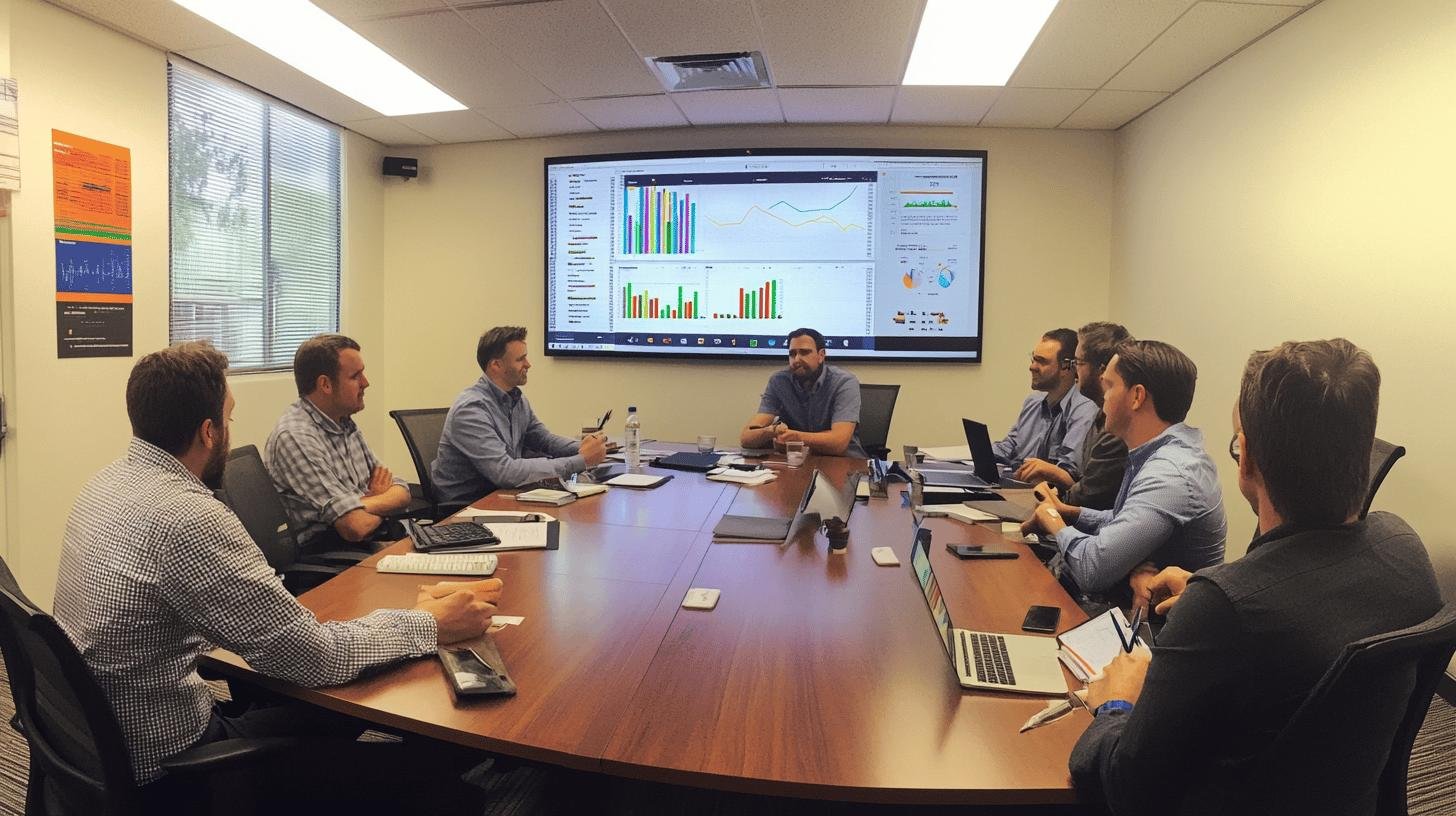 Team discussing data analysis and strategies in a meeting room, relevant to Types of Risks in Risk Management.