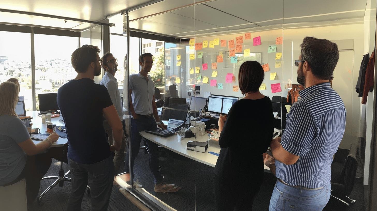 a group of people standing around a glass wall with sticky notes on it - strategic workforce planning