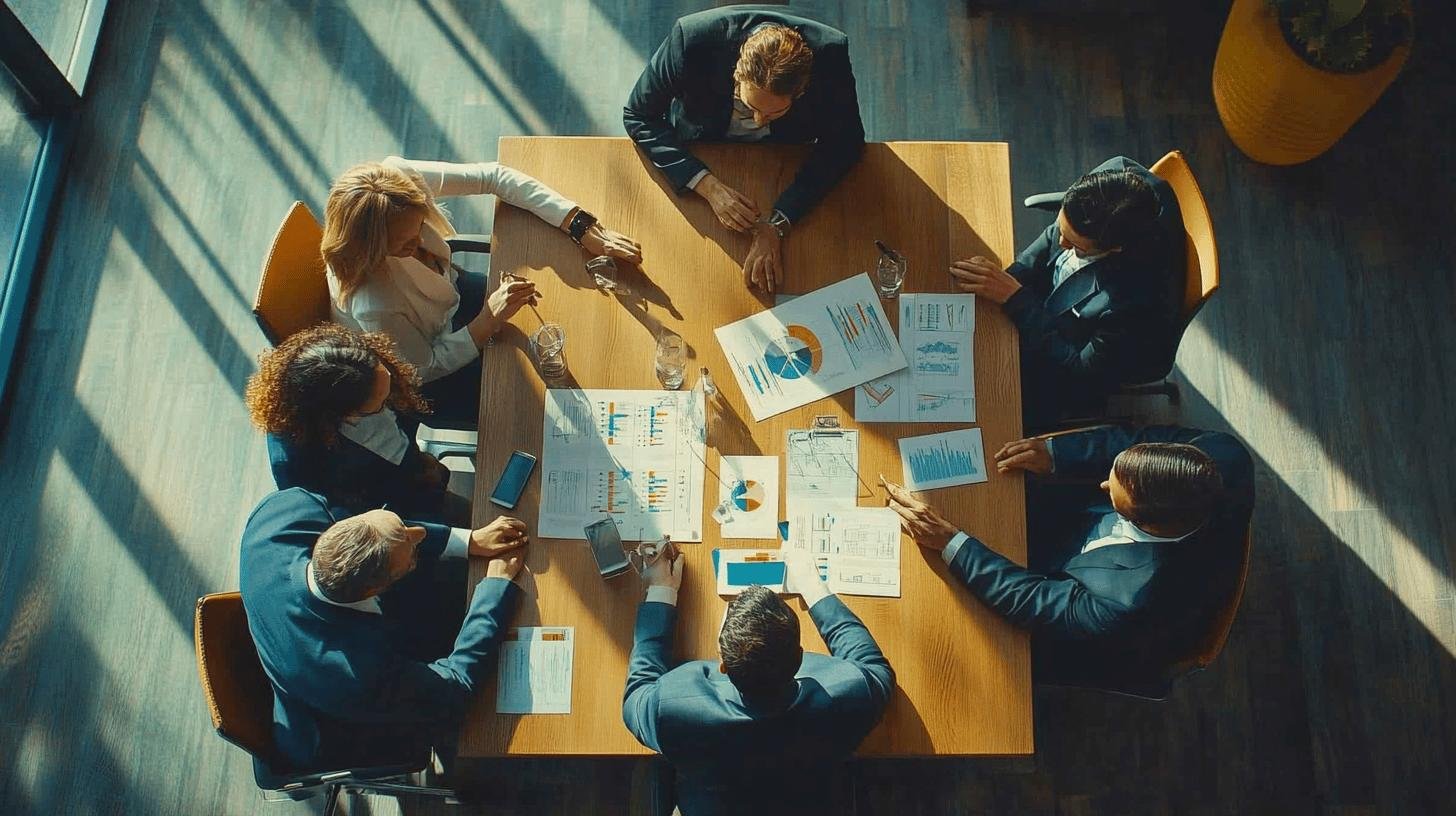 Business team collaborating on strategies for target market expansion at a boardroom table.