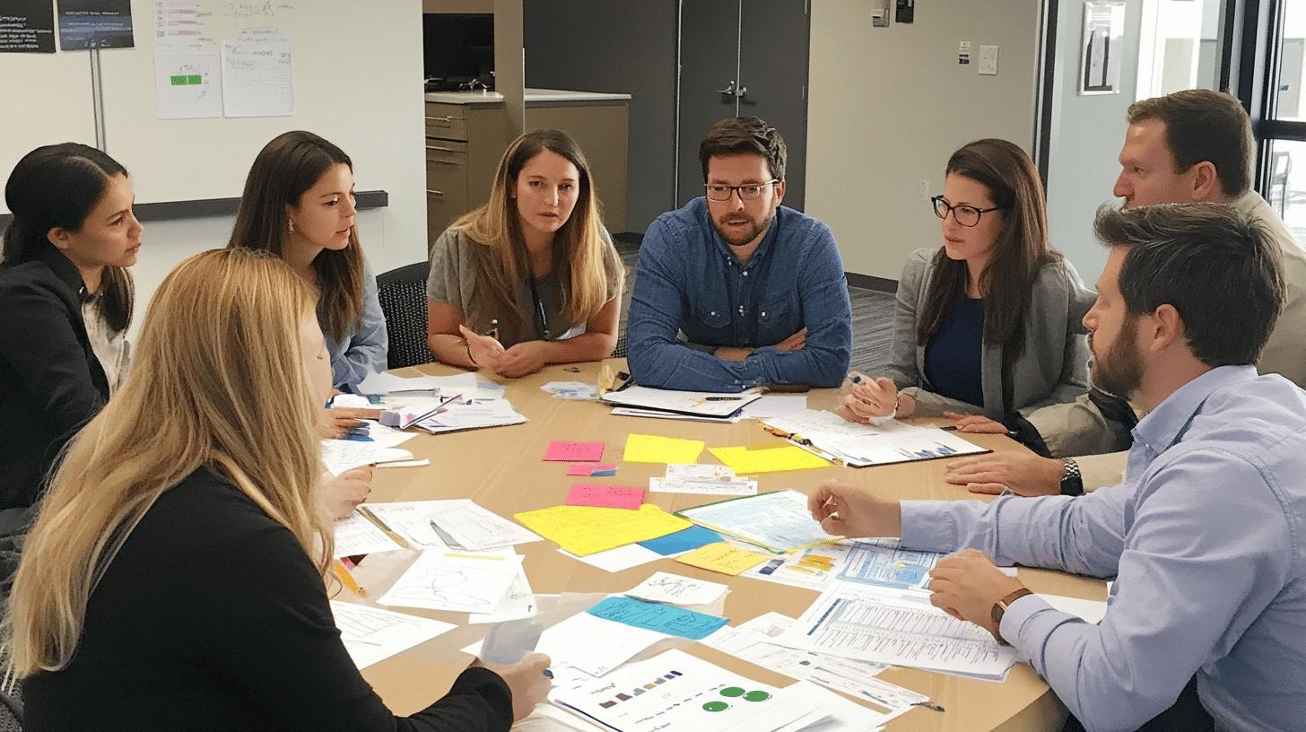 a group of people sitting around a table, having a meeting - target market and market segmentation