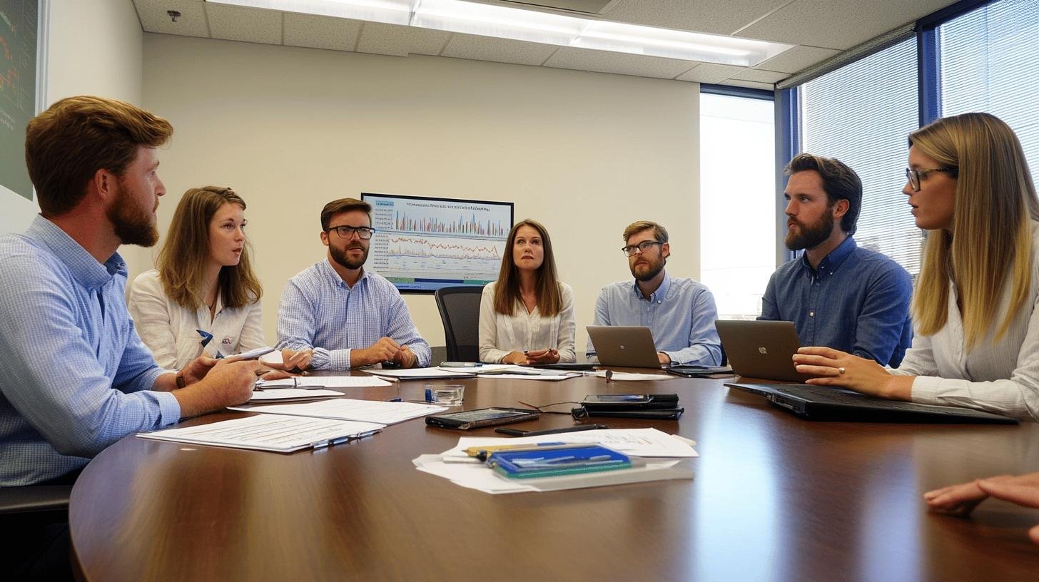 Team discussing framework for corporate governance in a meeting room.