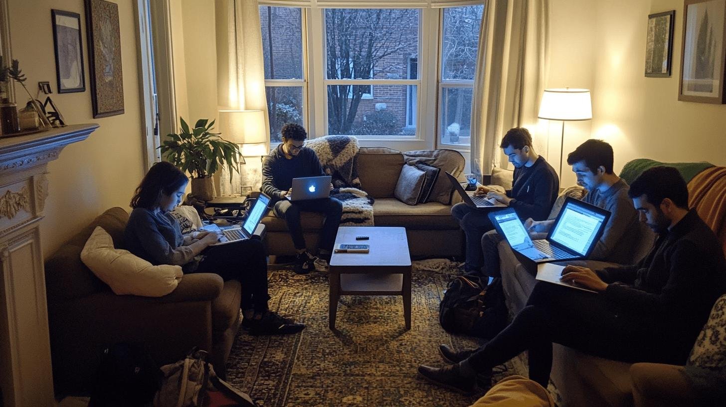 Group of people working on laptops in a living room, illustrating the impact of digital tools on work-life balance.