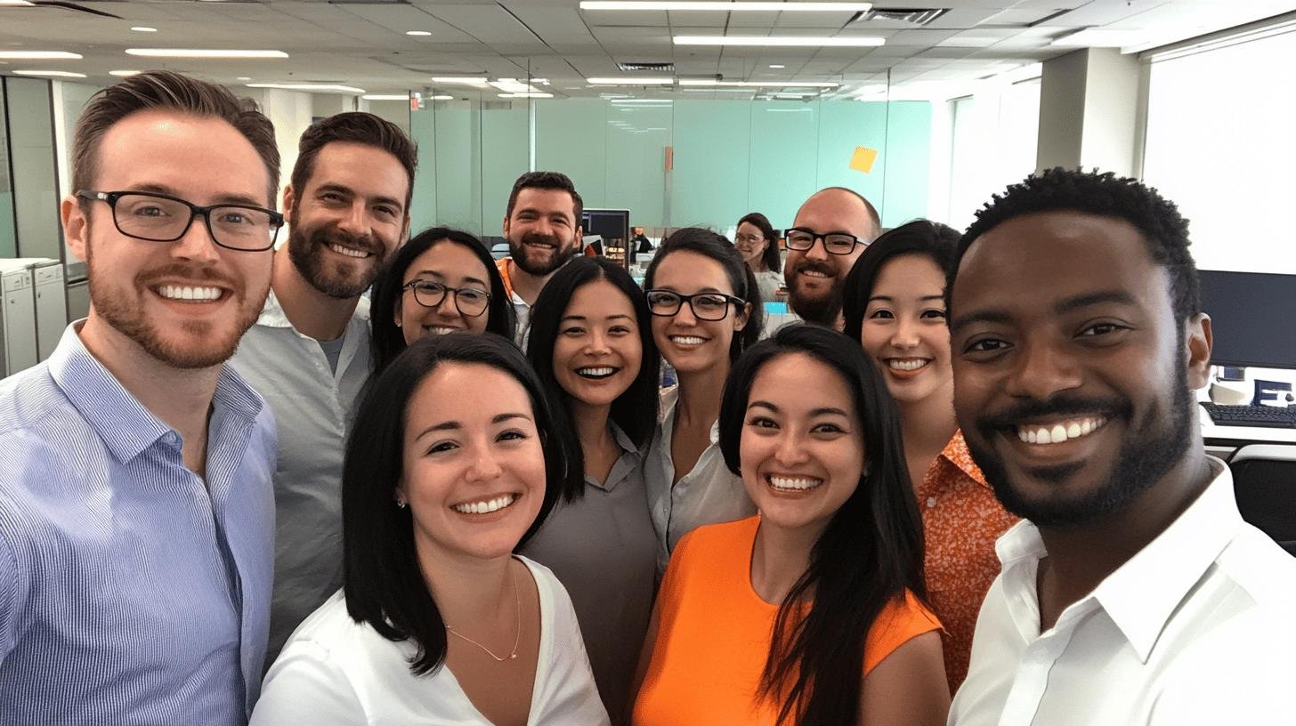 Smiling team in an office, representing the importance of fair compensation for employee morale and satisfaction.