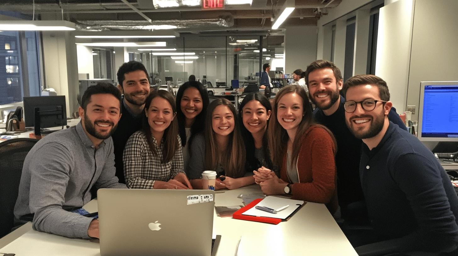 Smiling team gathered around a laptop, illustrating the importance of fair compensation for employee retention and satisfaction.