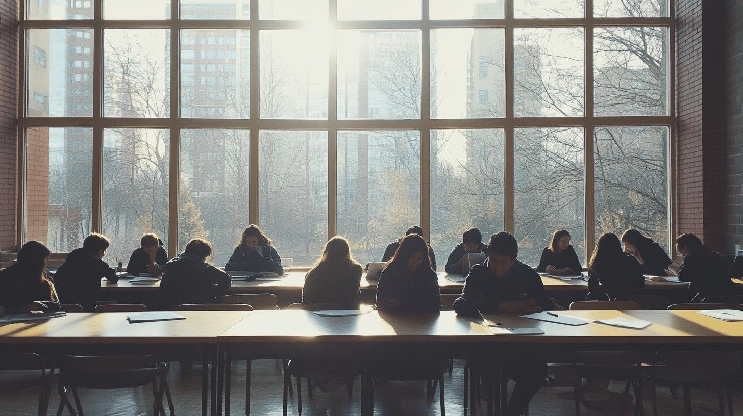 Students studying together in a large, sunlit room, representing Equal Opportunity in Schools.