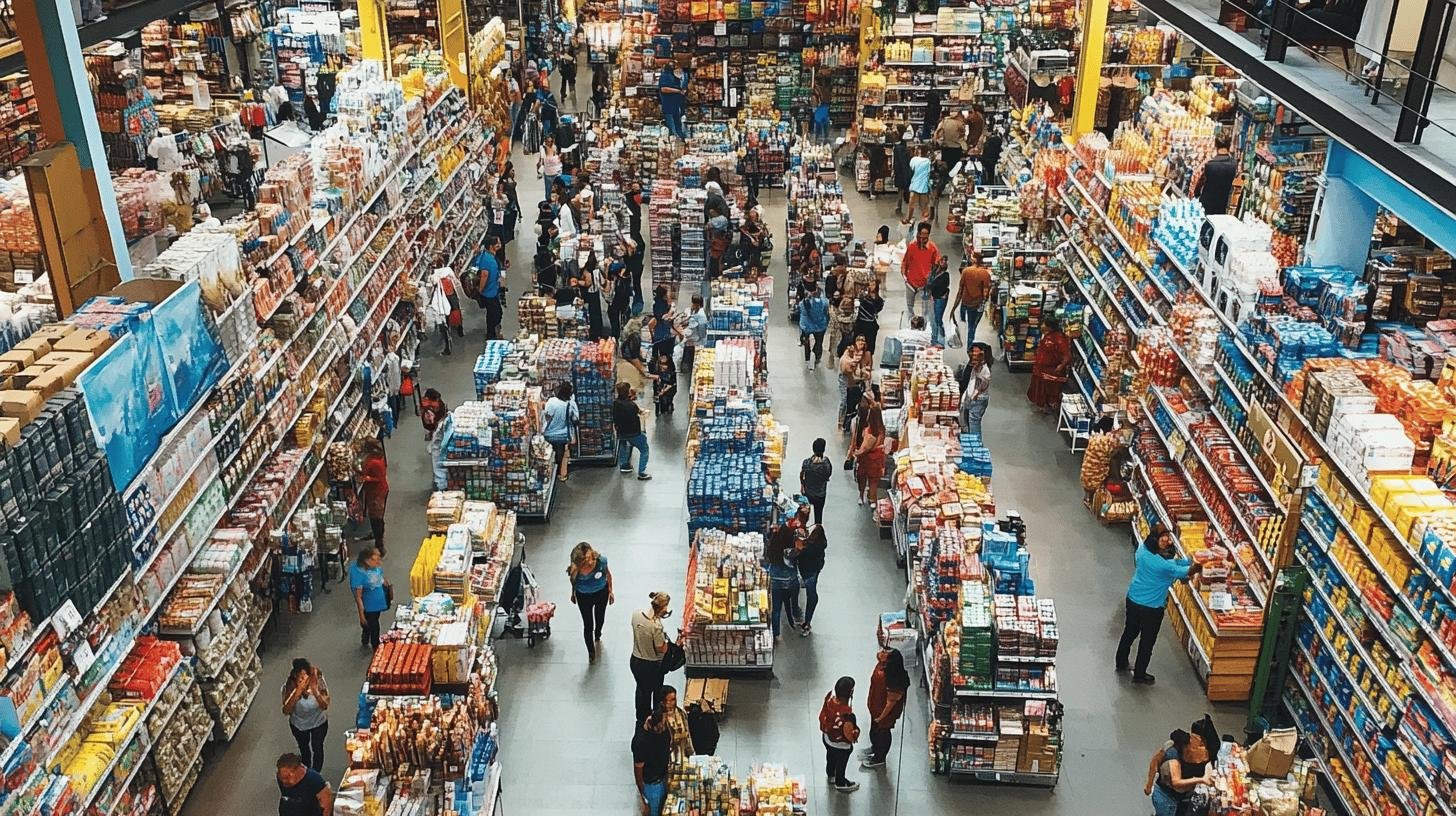 Aerial view of a crowded supermarket, illustrating consumer sovereignty in product choice.