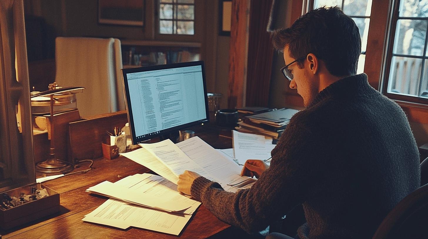 Man reviewing financial documents, exemplifying features of economic liberty through personal financial decision-making.