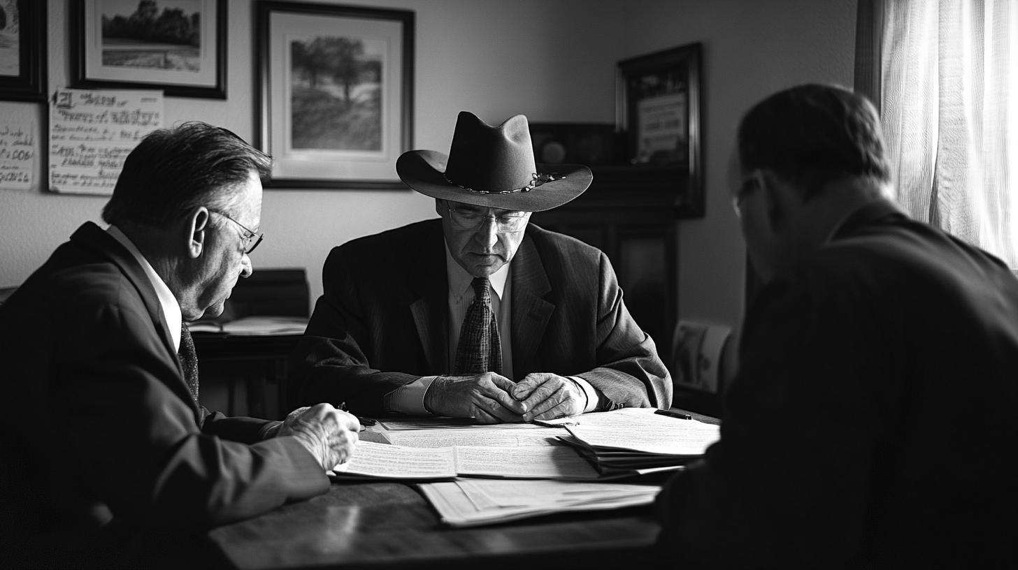 Three men in discussion around documents, symbolizing 'The Right to Fair Compensation.