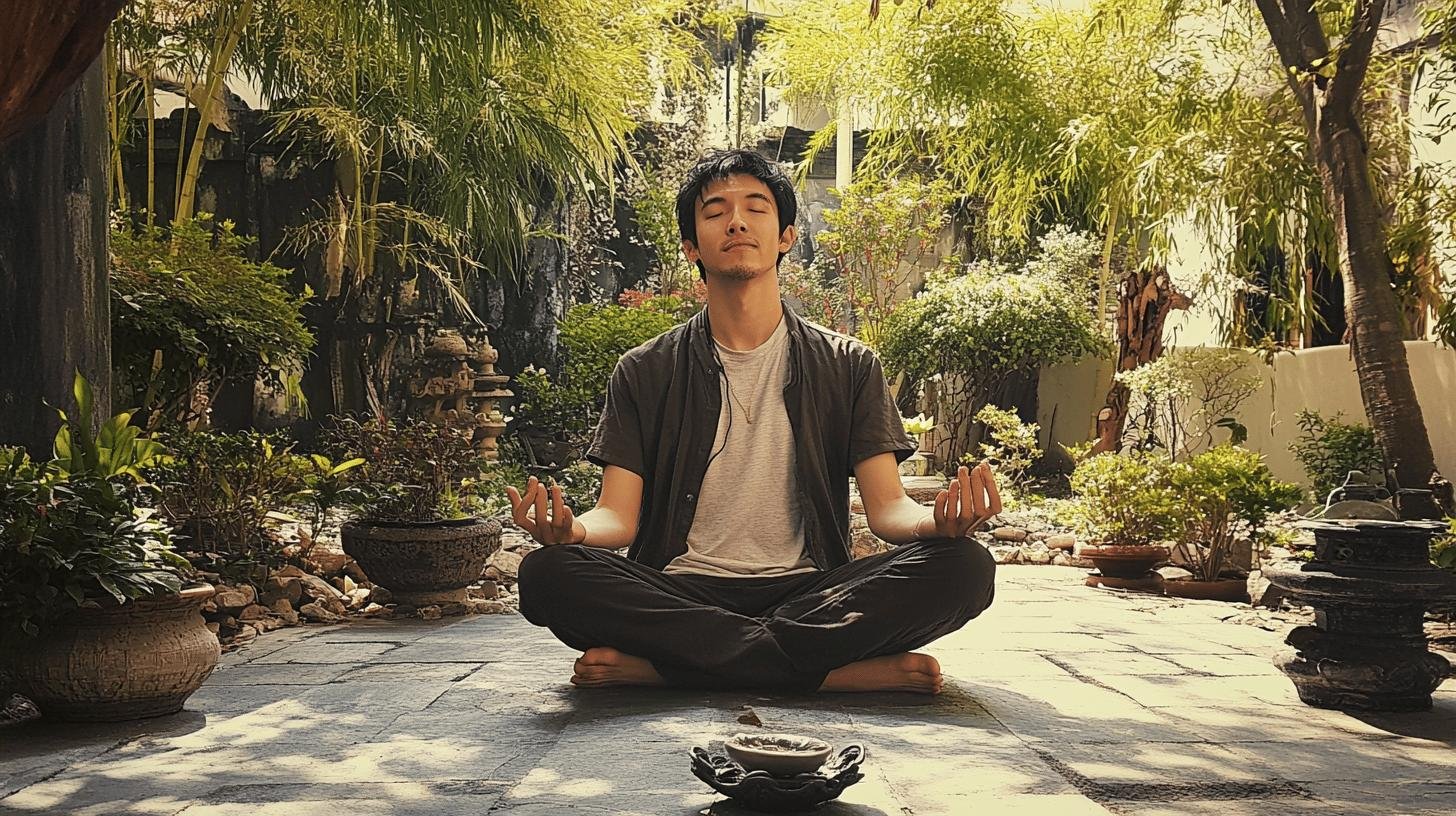 Person meditating outdoors to promote work-life balance and reduce stress.