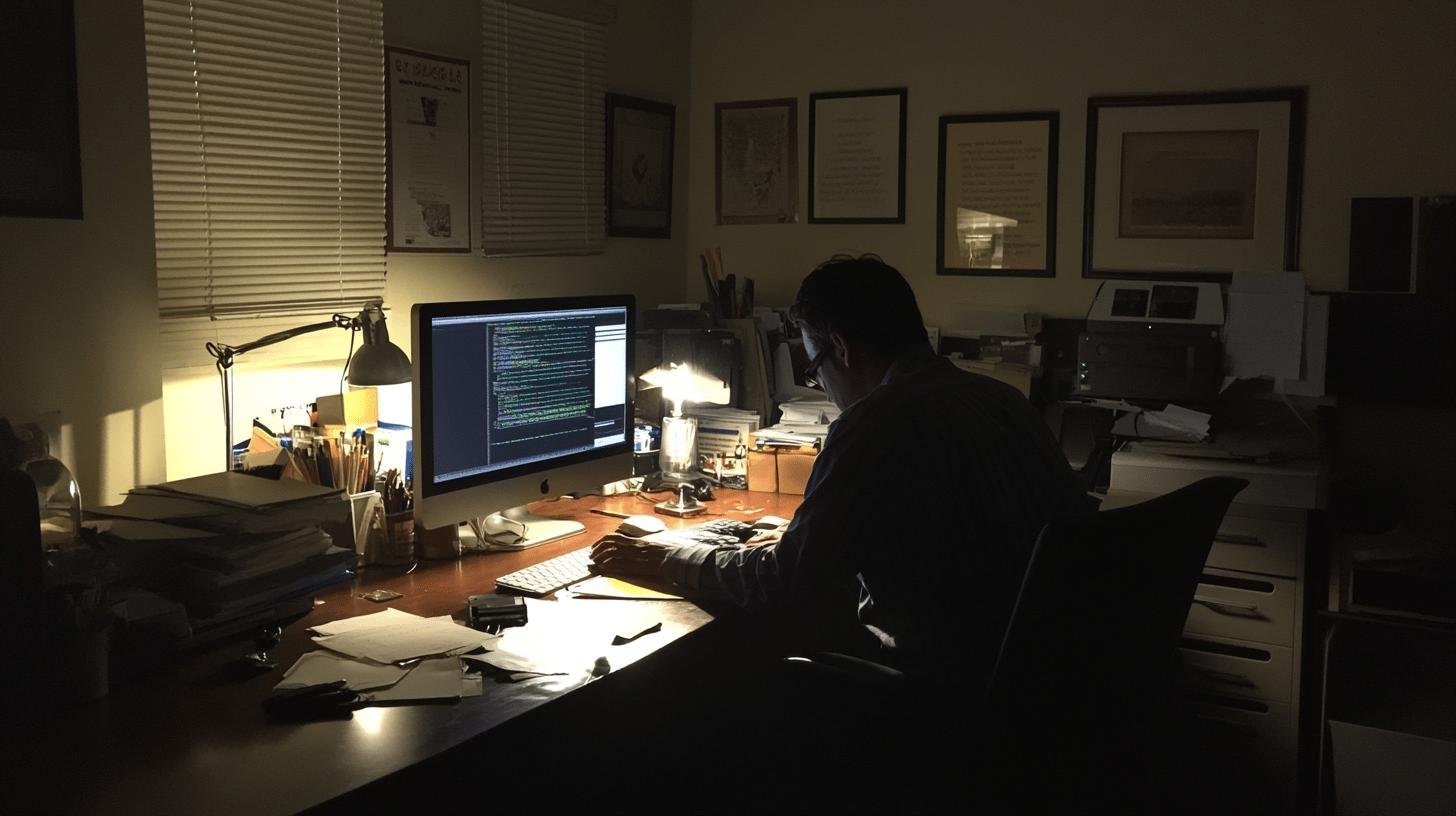 Person working late at a dimly lit desk, highlighting work-life balance as a social issue.