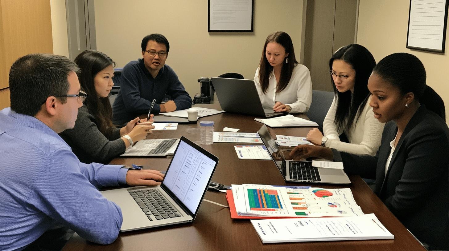 Team discussing enterprise risk management strategies around a table with laptops and charts.