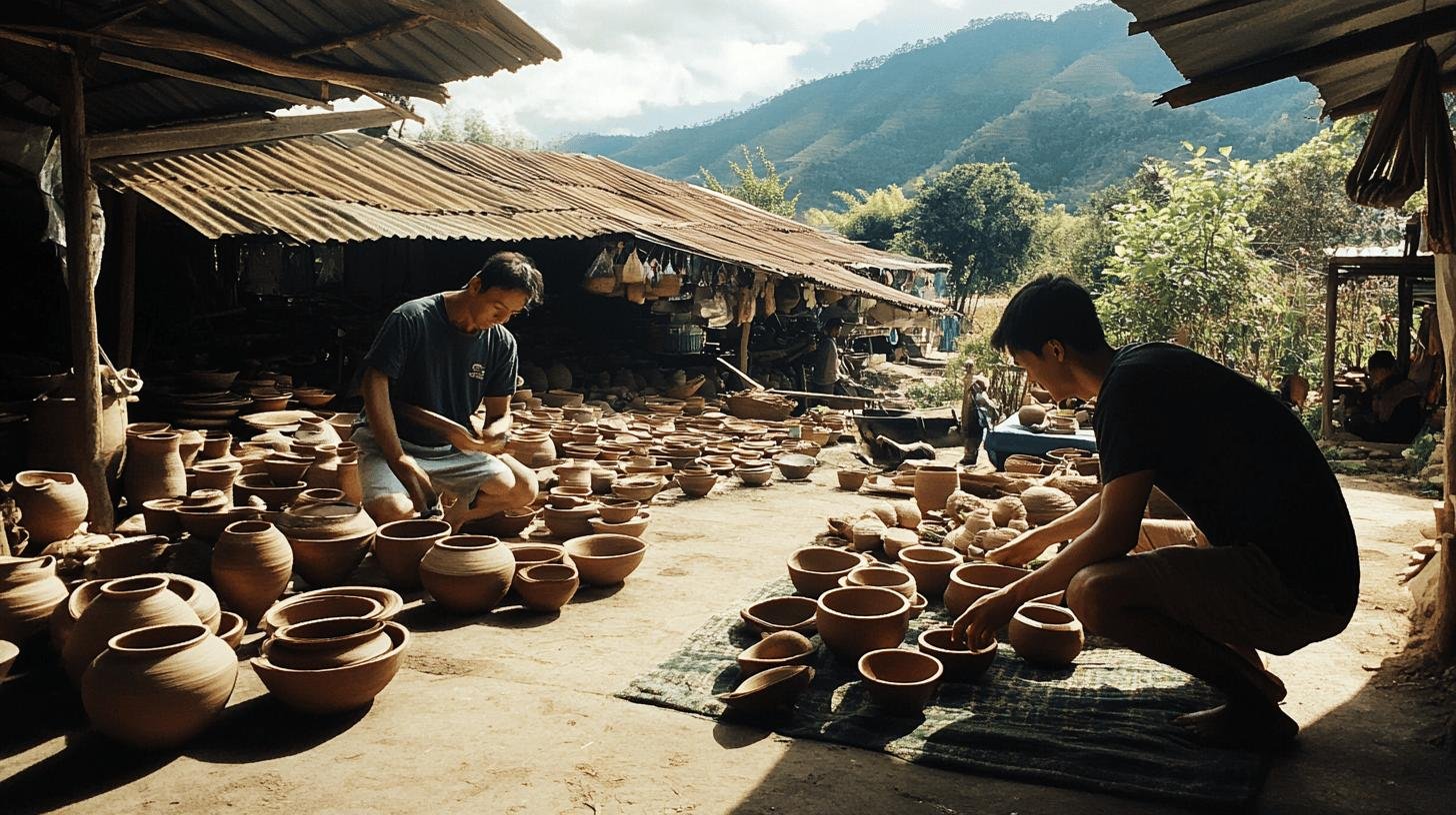 Two men in a traditional market exchanging pottery, illustrating consumer sovereignty in a traditional economy.