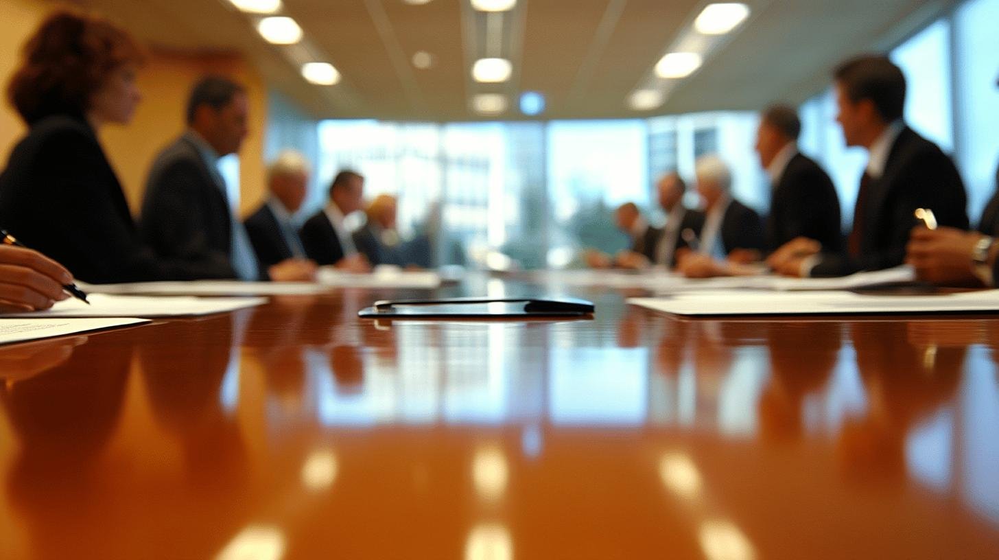 Board members in a meeting room discussing Corporate Governance.