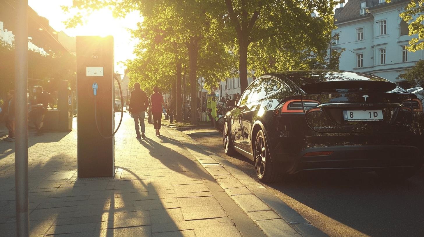 Electric car charging on city street with people walking nearby, illustrating how consumer sovereignty helps drive progress.