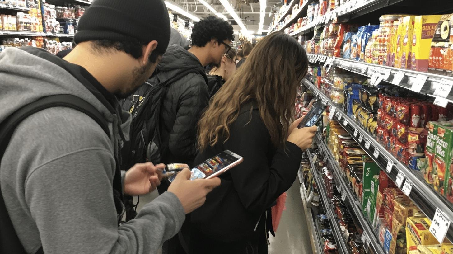 Shoppers comparing products in a grocery aisle, illustrating Consumer Sovereignty in Free Market.