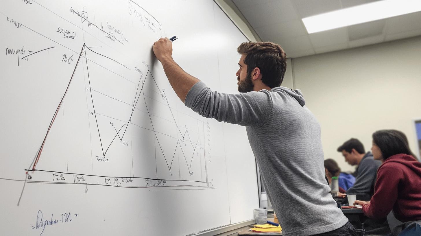 Teacher explaining Market Demand and Supply concepts on a whiteboard.