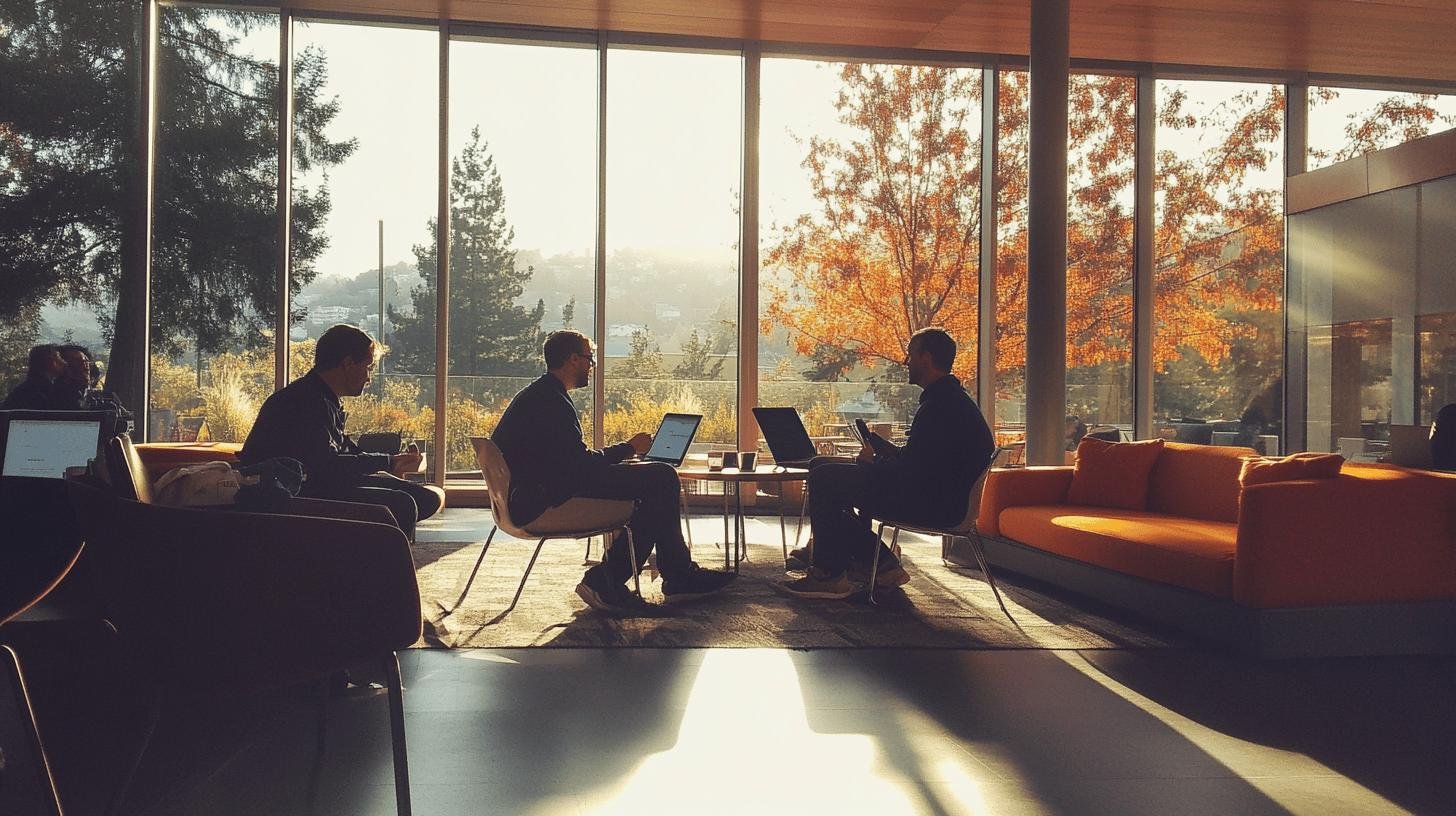 a group of men sitting in chairs and using laptops - Does work life balance affect economic growth