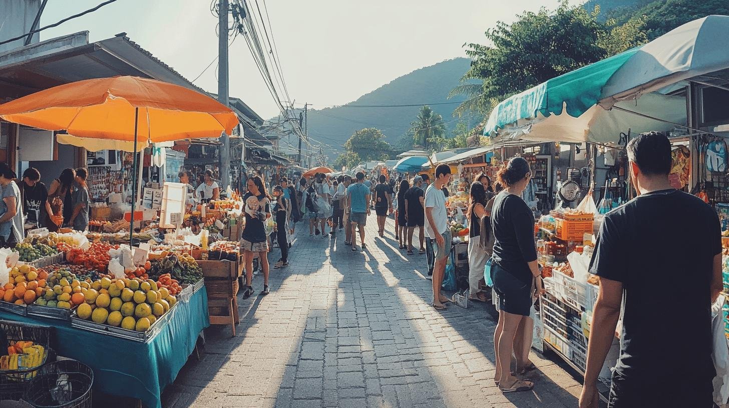 Vibrant outdoor market scene showcasing the features of economic liberty with people freely trading goods and services.