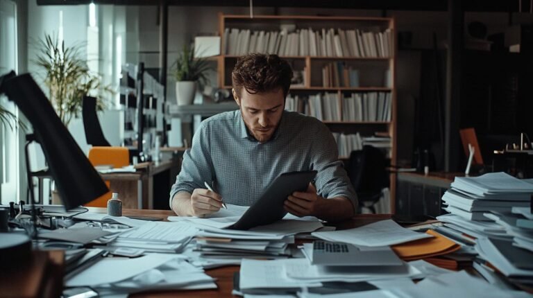 a man sitting at a desk with a tablet and a pen - the role of internal audit