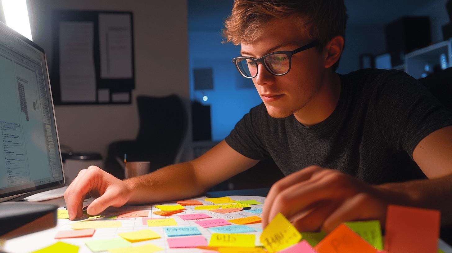 Man analyzing sticky notes on a desk as part of tools of risk management.