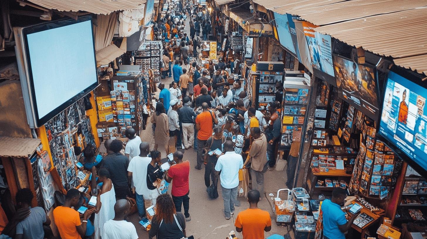 Busy outdoor market showcasing 'Consumer Market vs. Business Market' interactions and trends.