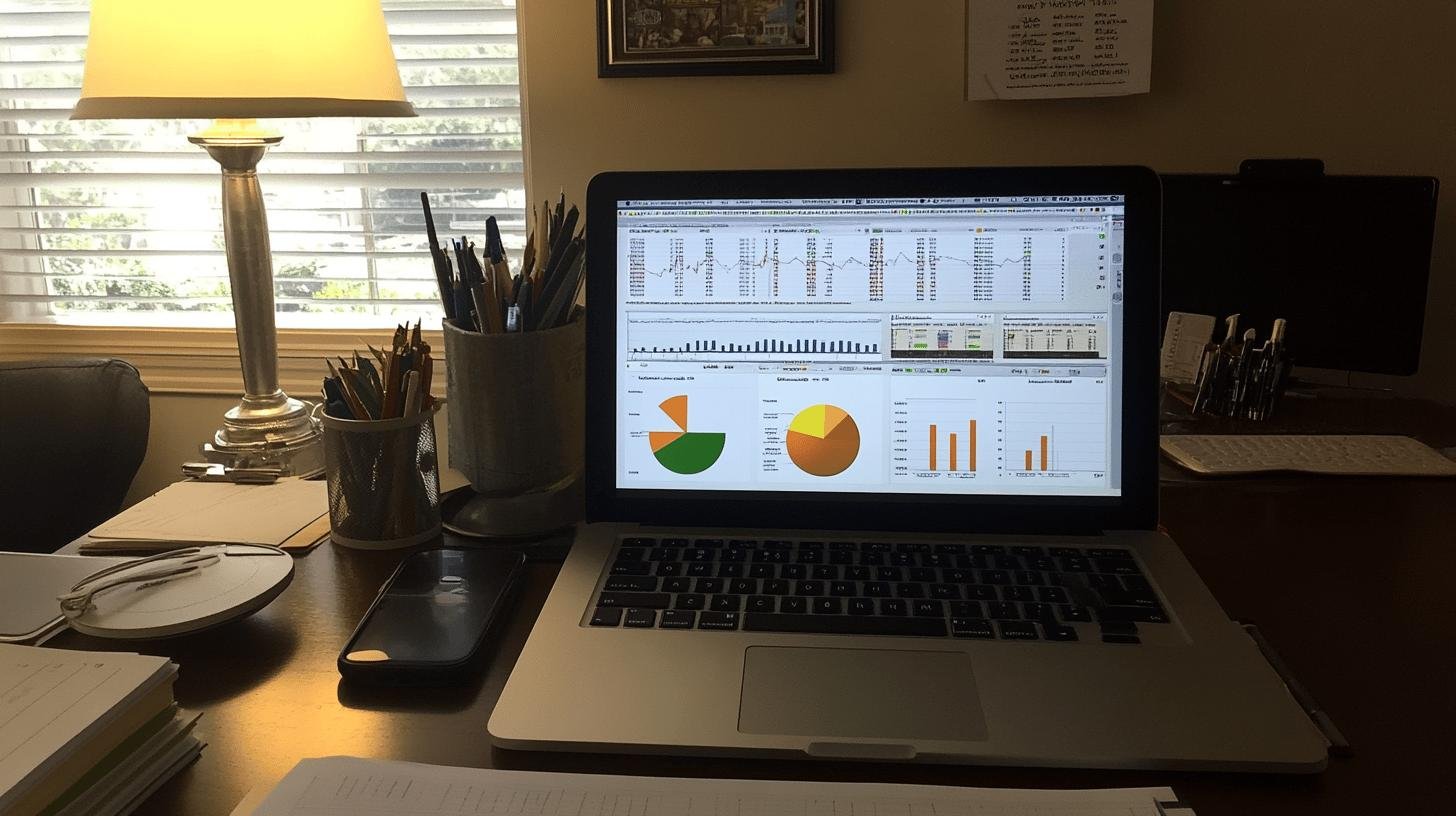 Laptop displaying graphs and charts on a desk, emphasizing Marketing for Business Growth.