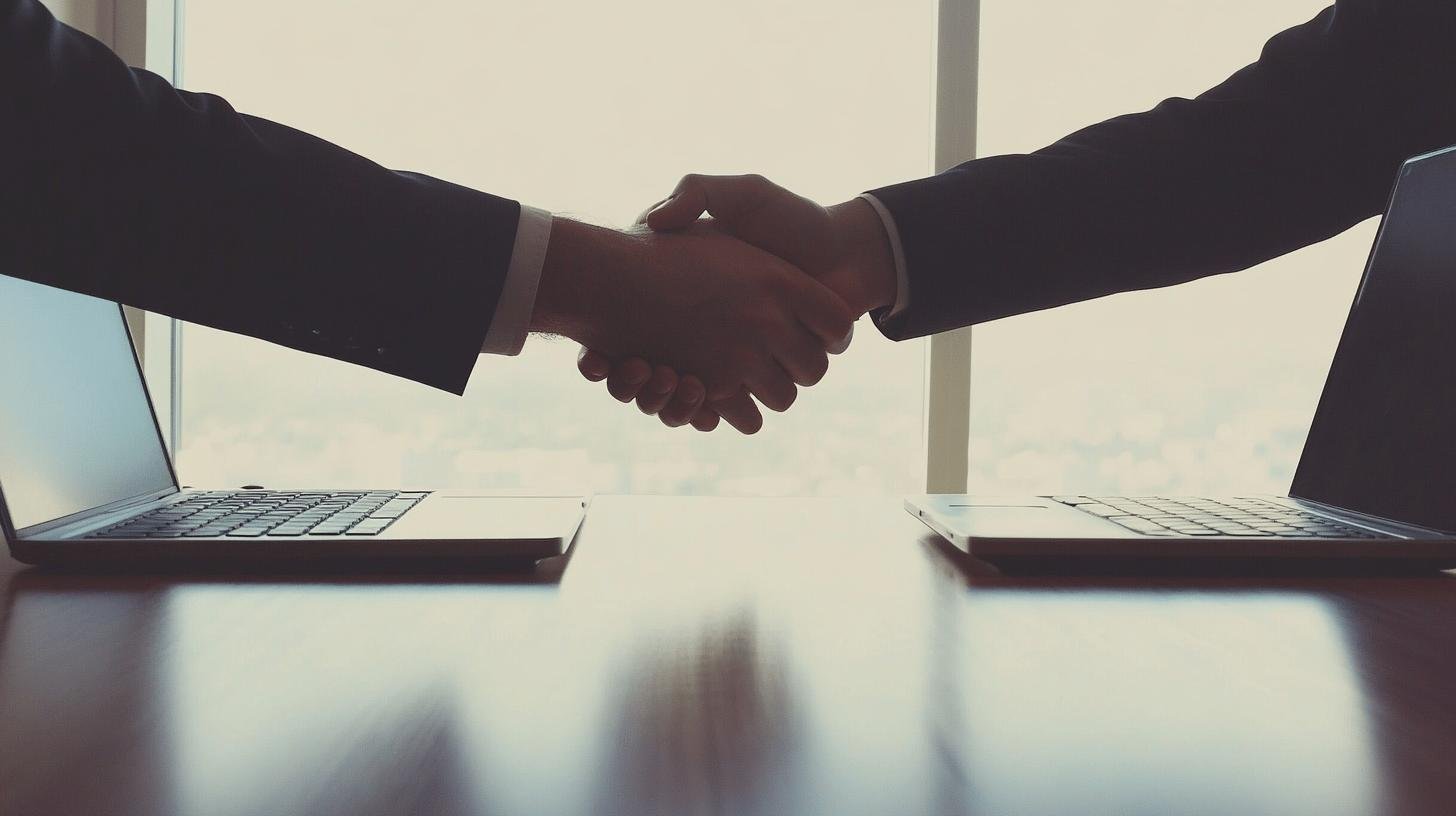 Handshake between professionals with laptops on a desk - Sales vs Business Development.