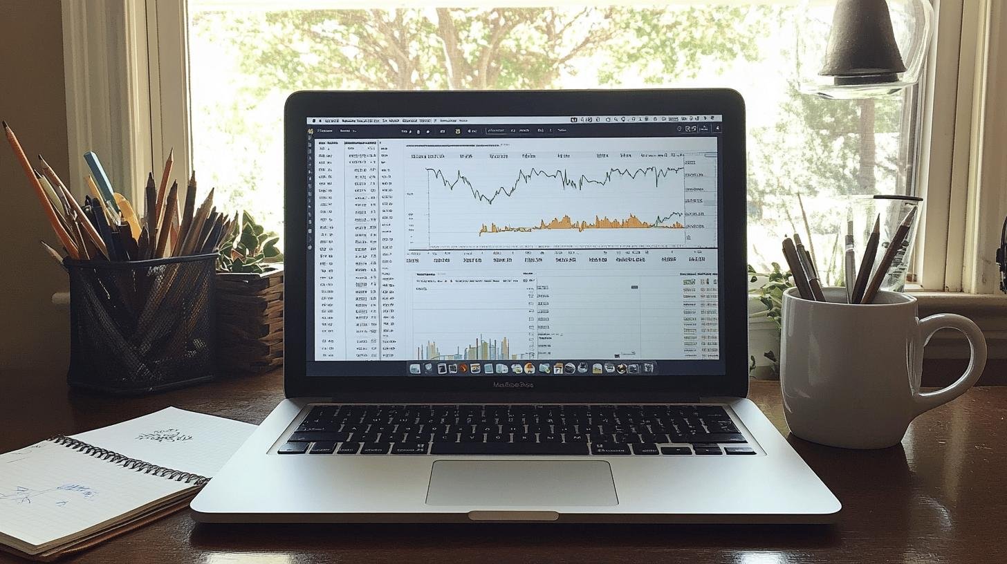 Laptop displaying charts and graphs analyzing business growth rate.