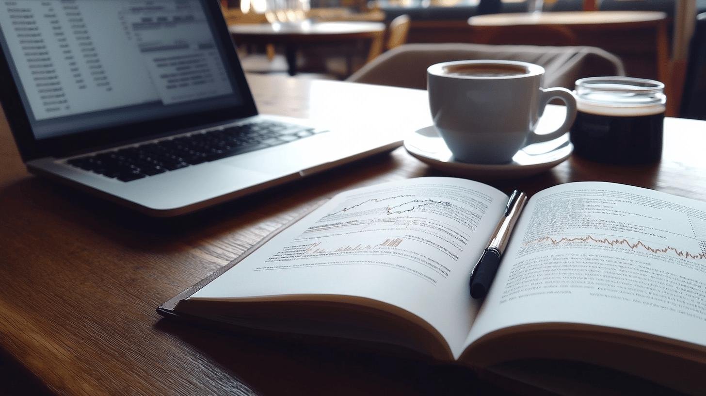 a book and a cup of coffee on a table - open book management style