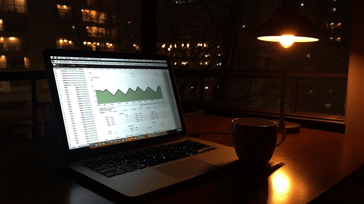 Night workspace with laptop displaying analytics for Growth Hacking Marketing.