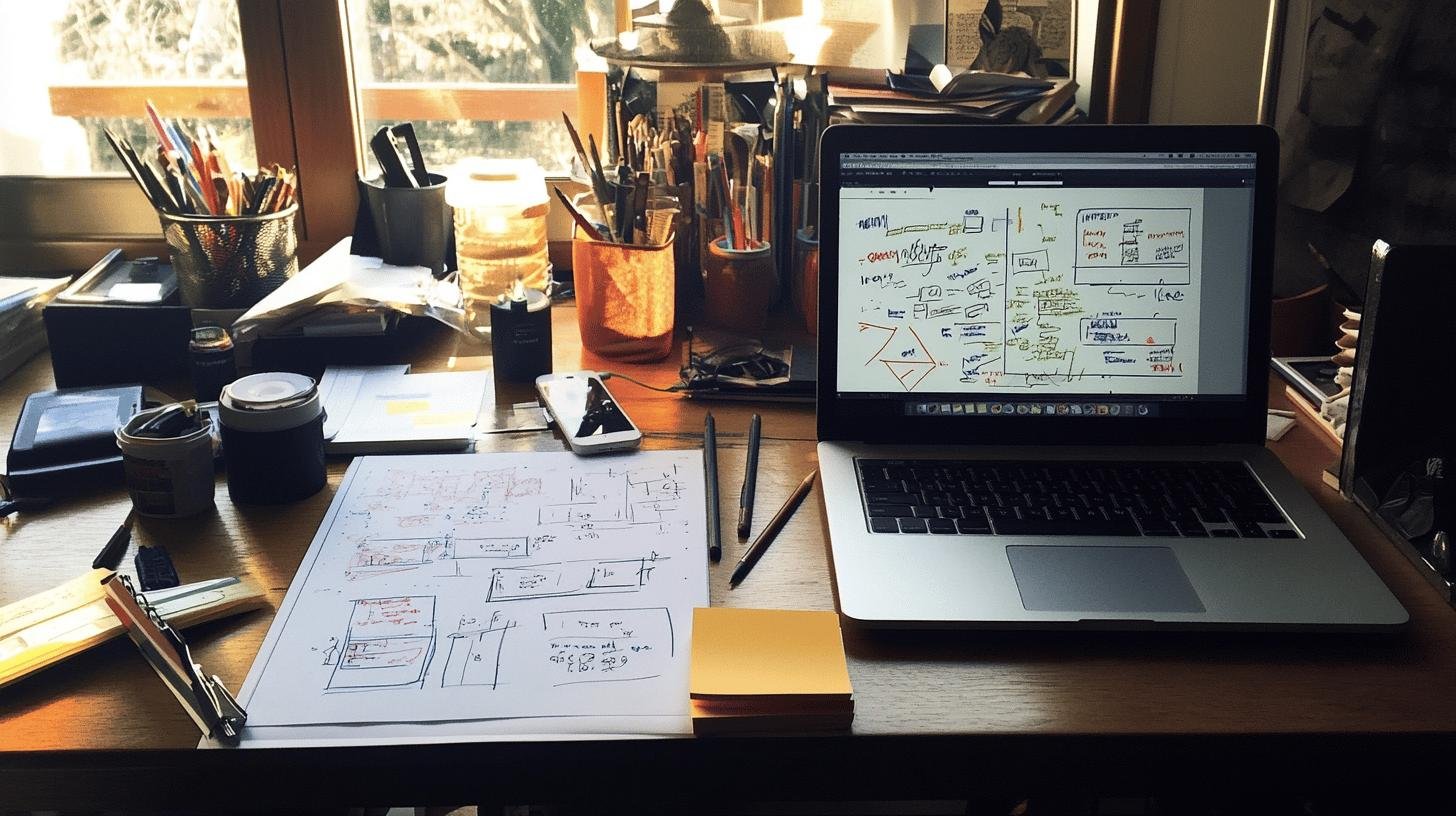 Workspace with a laptop and paper sketches outlining a Growth Hacking Funnel.