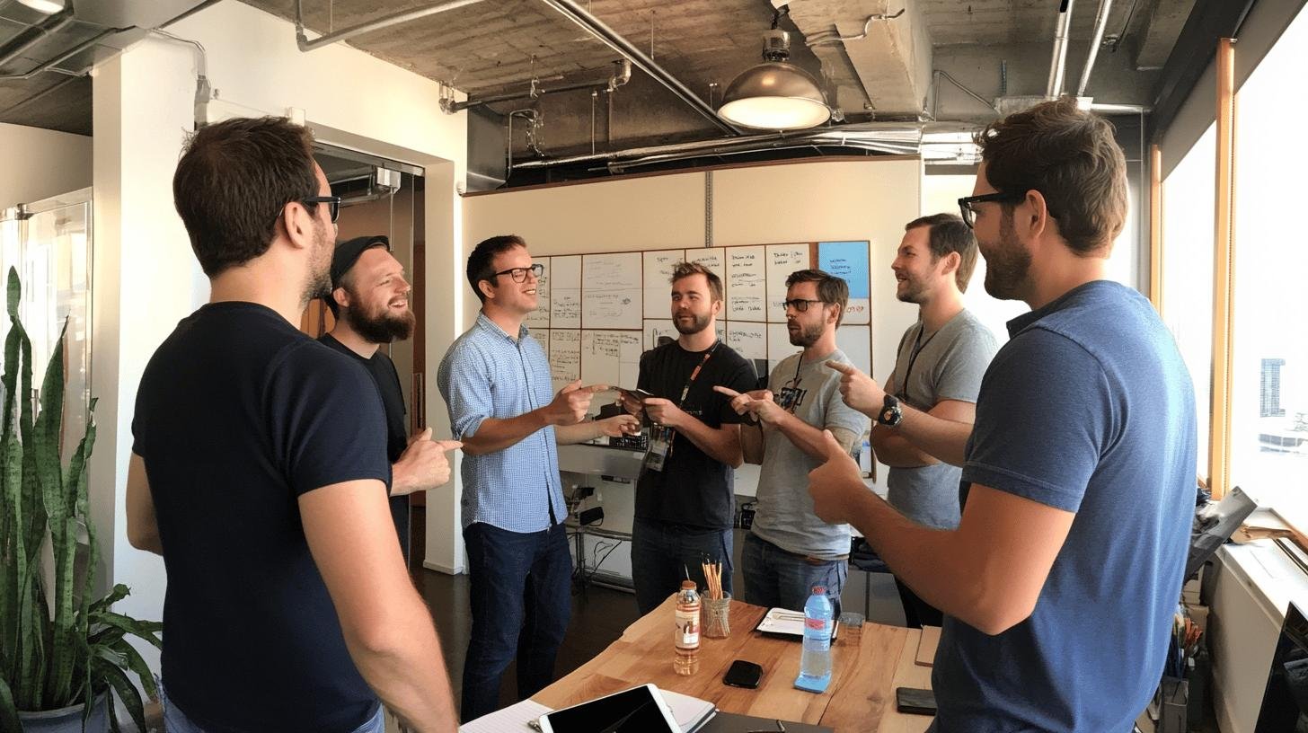 Team members standing in a circle, engaging in discussion for building effective cross-functional teams.