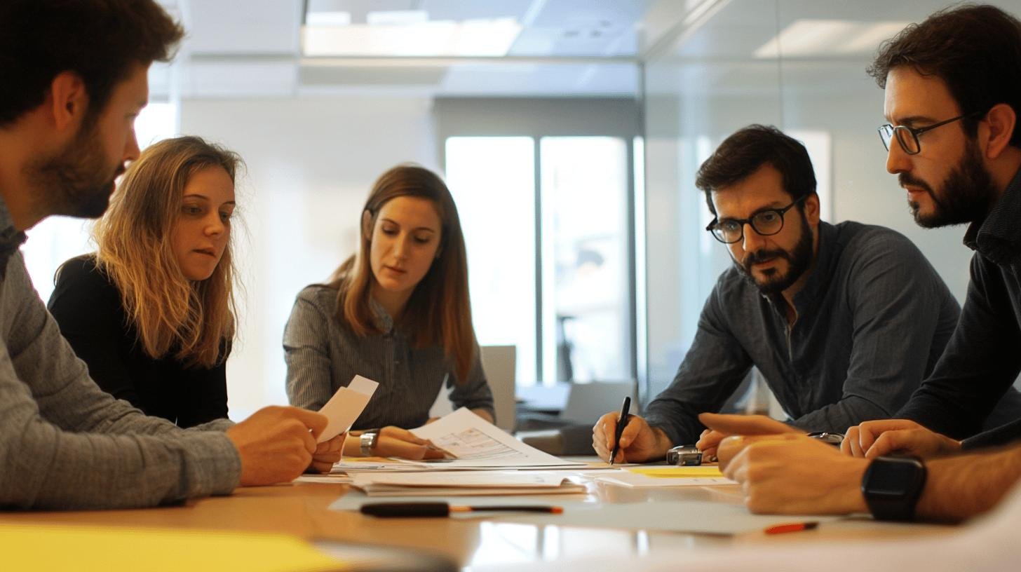 Challenges in Corporate Governance: team reviewing documents and discussing strategies in a meeting room.