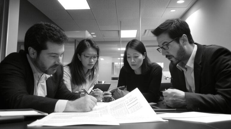 a group of people looking at papers - transparency in financial reporting