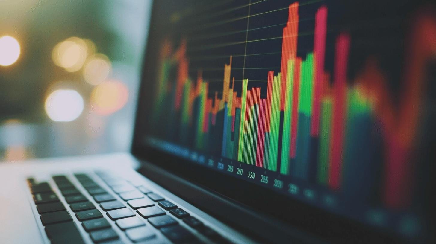 Colorful bar graph on a laptop screen illustrating business growth rate trends.