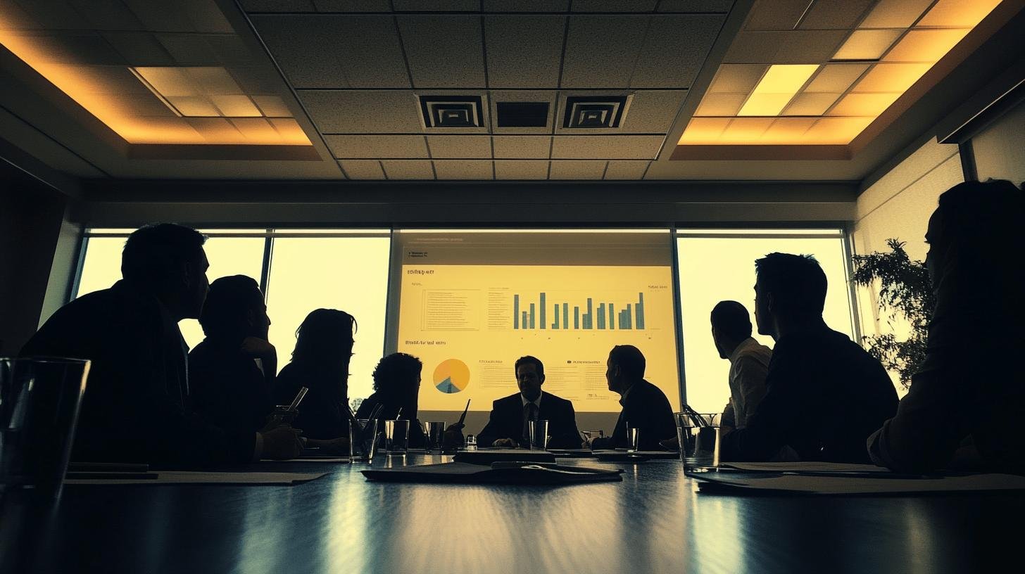 Team discussing a market expansion strategy in a conference room with a presentation on display.