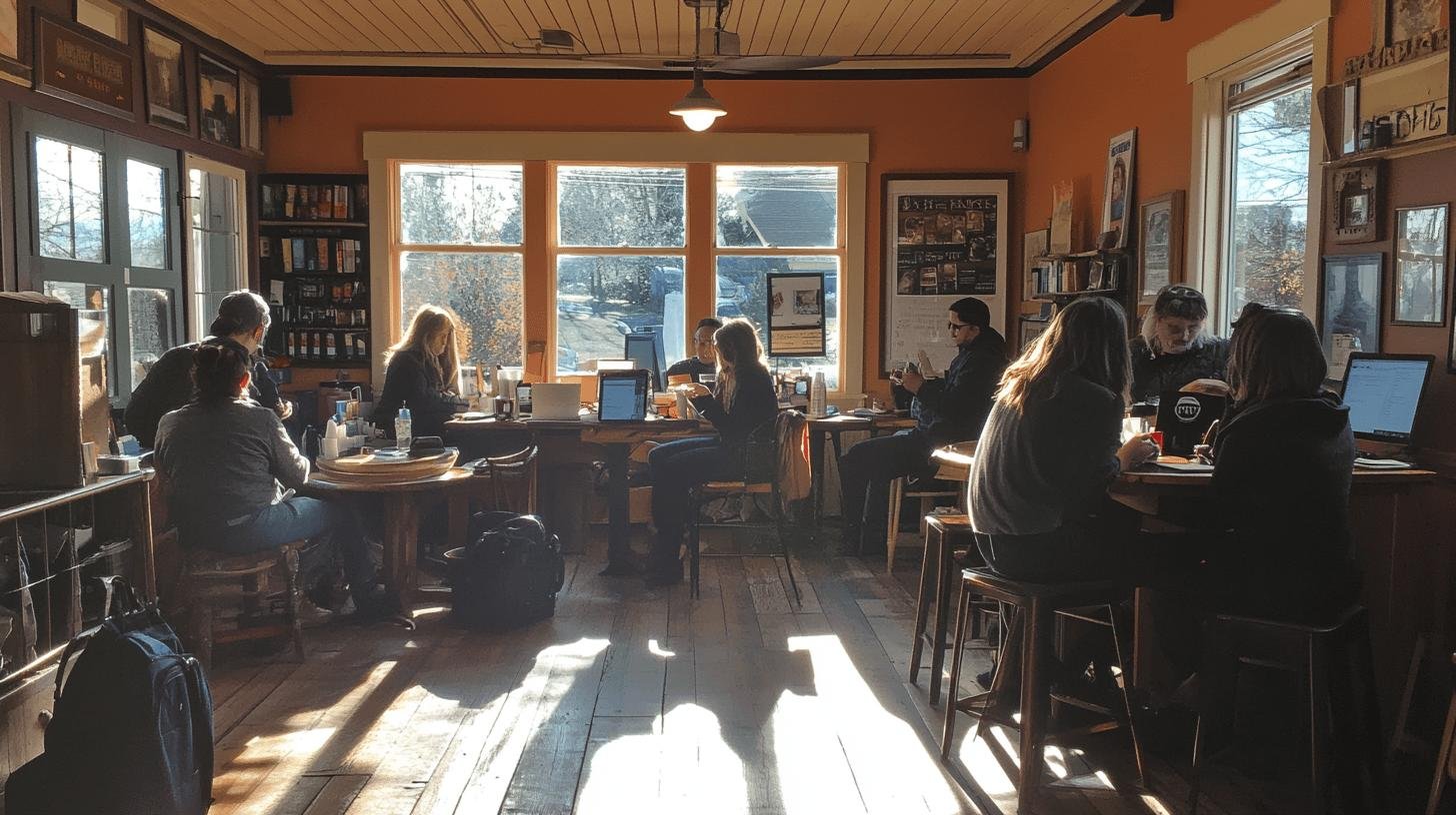 a group of people sitting at tables in a room with windows - US Small Business Growth