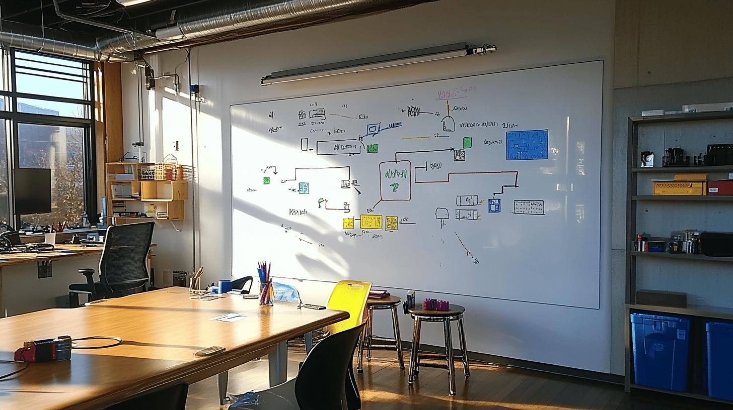 Whiteboard with flowcharts and notes in a modern workspace, illustrating models for strategic planning.