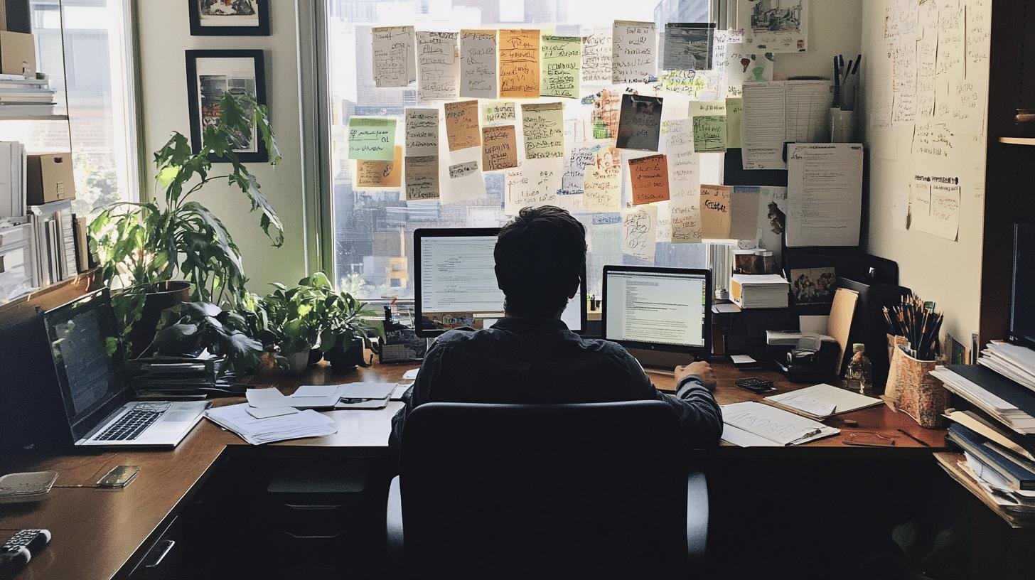 Individual working at a desk with sticky notes and screens, representing 'Growth Hacking vs Traditional Marketing' strategies.