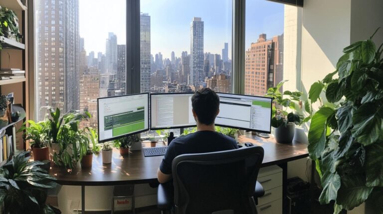 a man sitting at a desk with multiple computer screens - Work Life Balance Best Practices