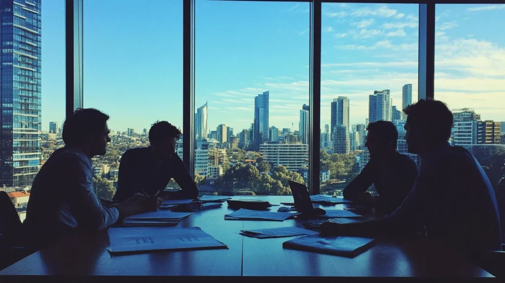 a group of people sitting at a table with papers and laptops - organizational transparency