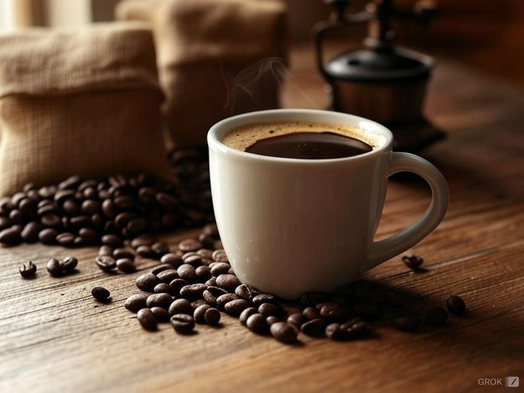 a cup of coffee with coffee beans on a table