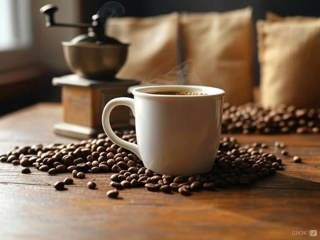 a cup of coffee on a table with beans