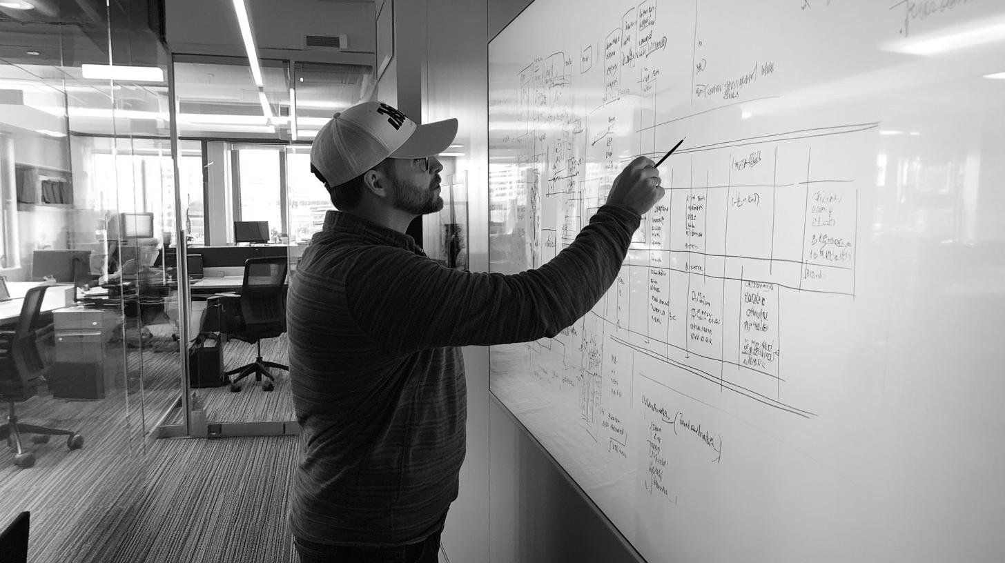 Person strategizing on a whiteboard for market development.