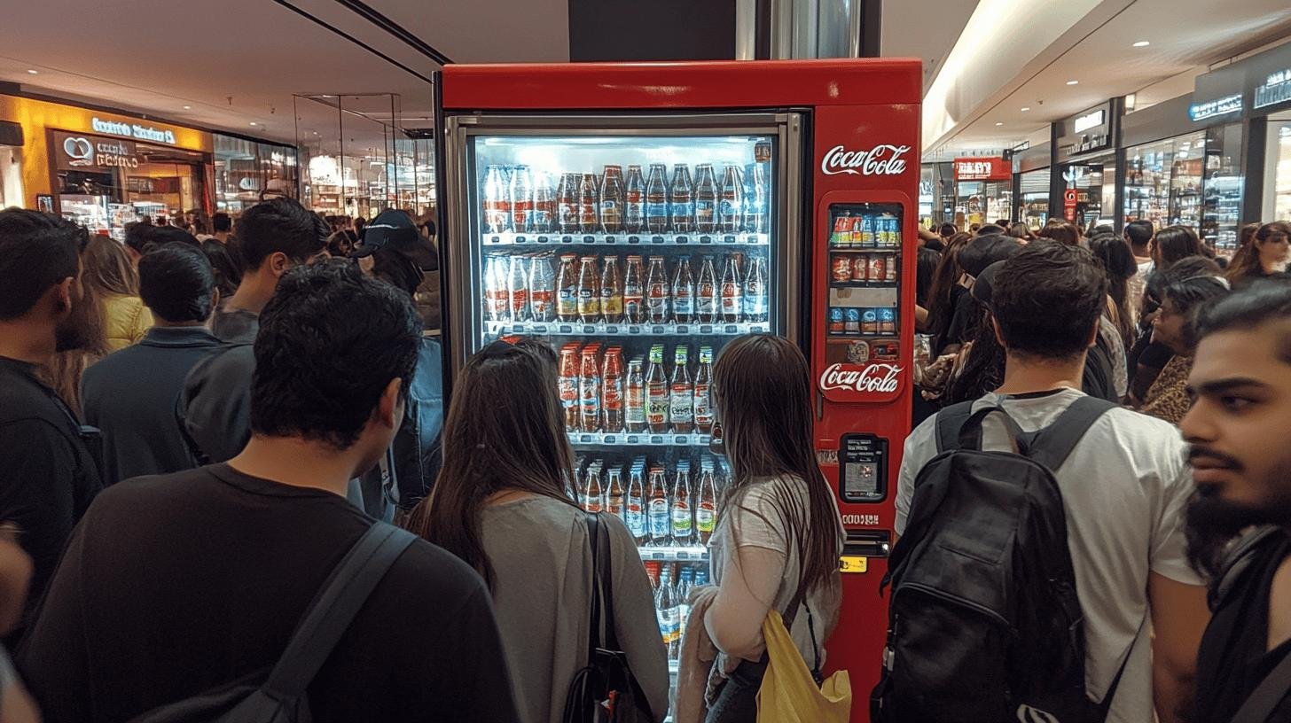 Shoppers crowd around a Coca-Cola vending machine, showcasing a Market Penetration Strategy in action.