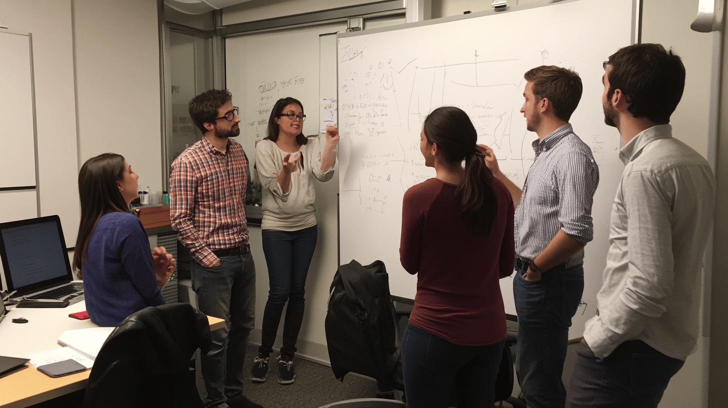 Team brainstorming strategies for market penetration on a whiteboard.