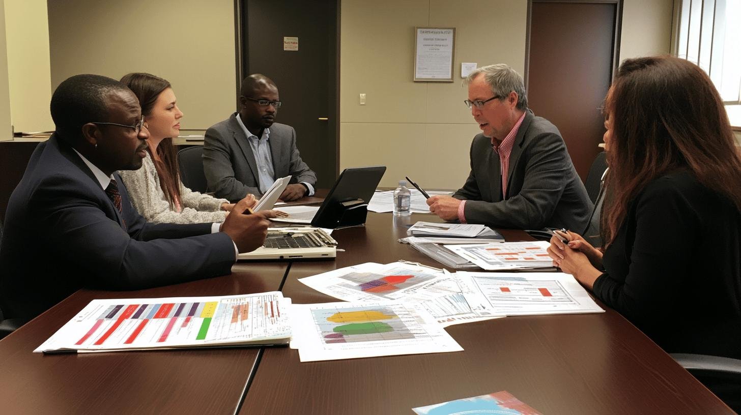 Business meeting discussing Market Penetration Strategy with charts and documents on the table.