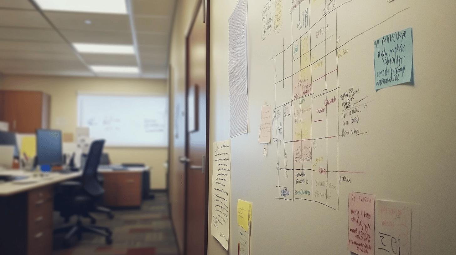 Whiteboard analysis comparing market penetration vs market share strategies in an office setting.