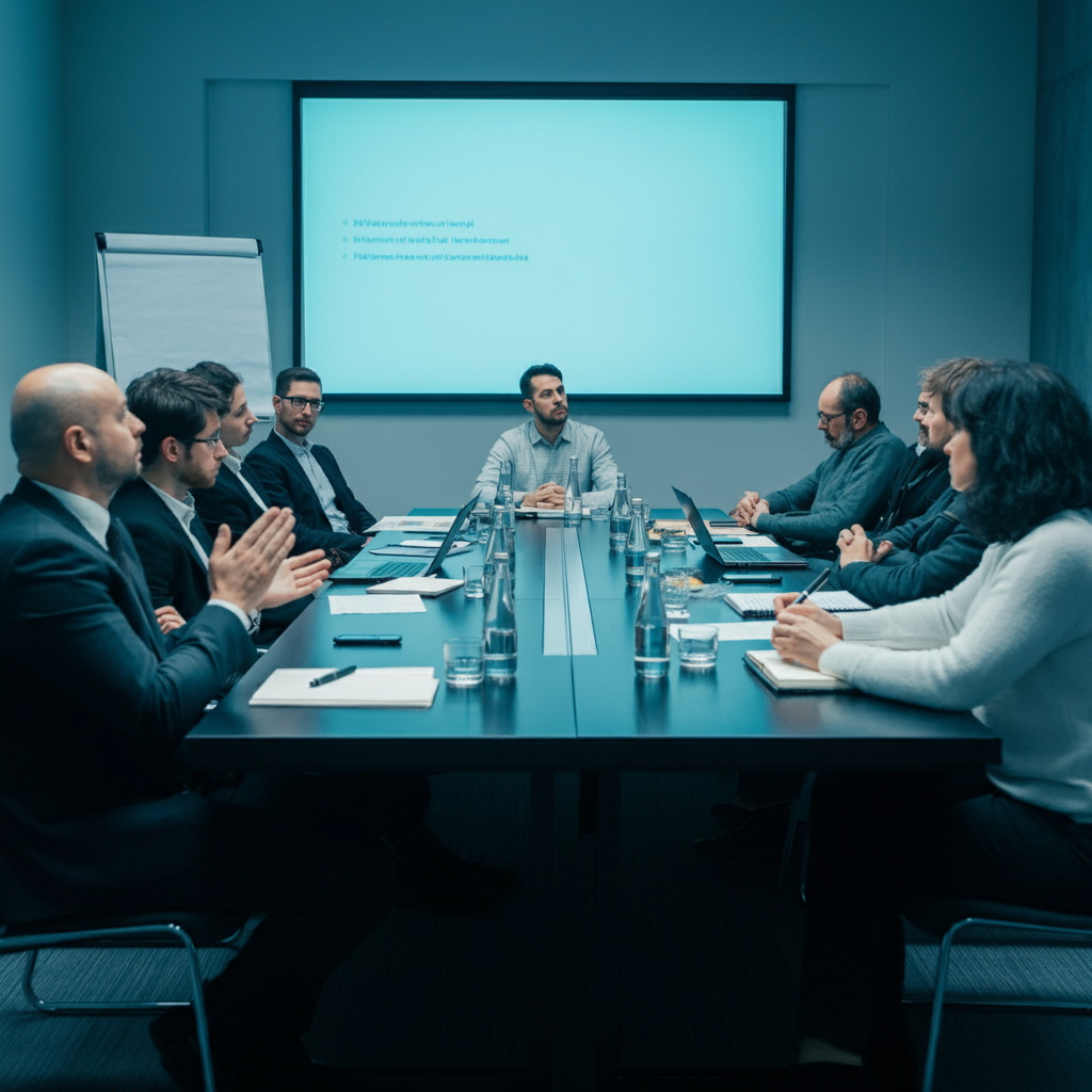 Business meeting discussing Market Entry Barriers strategies in a corporate boardroom.